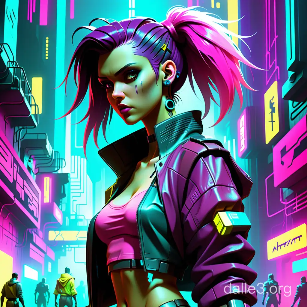 cyberpunk, blade runner, edgerunner, a hacker women seen from far away, pink cyan purple yellow, neon