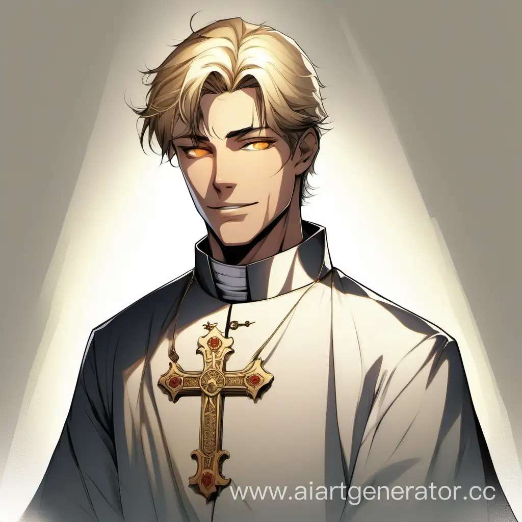 a young well-groomed guy, a priest, Short hair laid back, blond, golden eyes, a wide confident smile, He wears a cassock, a silver cross around his neck, a couple of strands of bangs fall out of the hairstyle, shoulder straps for weapons on the body, light ruddy skin, confident playful pose, he has two pistols in his hands, 