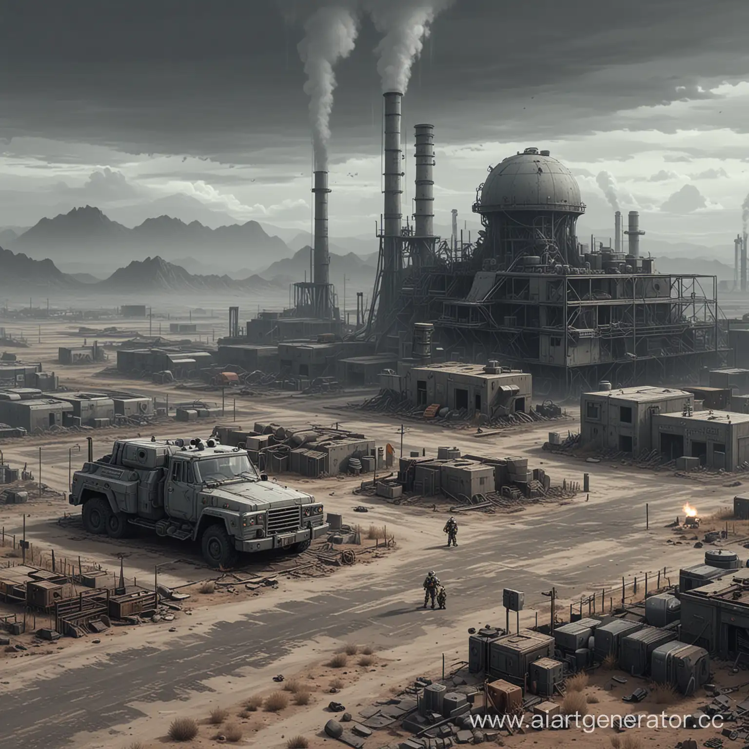 2D pixel art nuclear wasteland with a greyish atmosphere