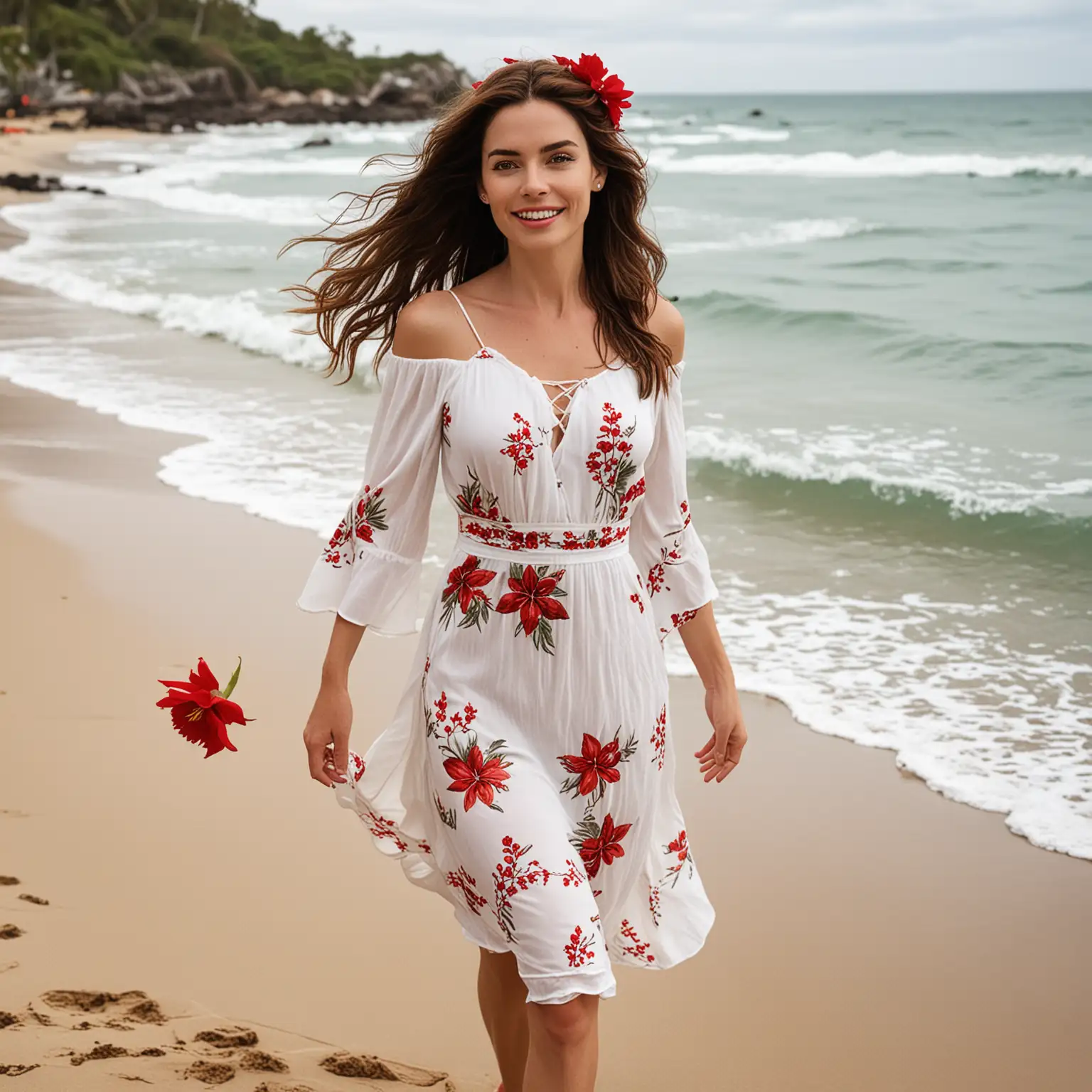 A slim realistic Amelia Heinle cheveux bruns foncé regarde amoureusement sourire rafraîchissant wearing a 2 piece white tropical dress with a red flower in her long hair walking at the beach showing a full body shot from the top of his head to his feet