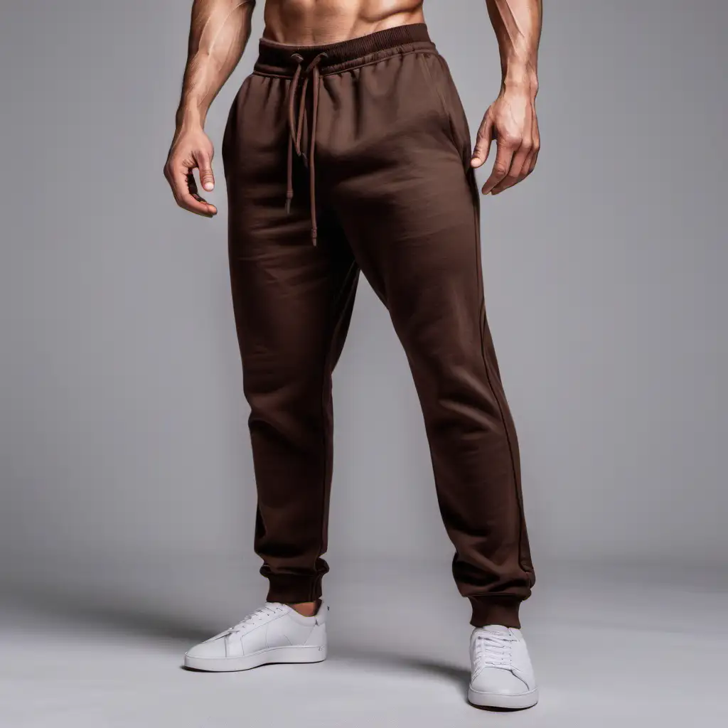 Genereta an image of man  with abs wearing Chocolate brown drawstring sweatpants 
