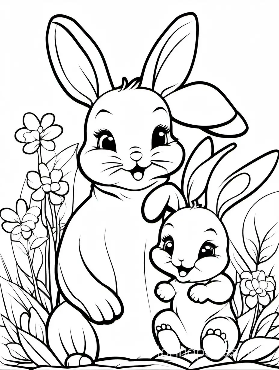 cute Bunnie  with his baby for kids easy, Coloring Page, black and white, line art, white background, Simplicity, Ample White Space. The background of the coloring page is plain white to make it easy for young children to color within the lines. The outlines of all the subjects are easy to distinguish, making it simple for kids to color without too much difficulty
