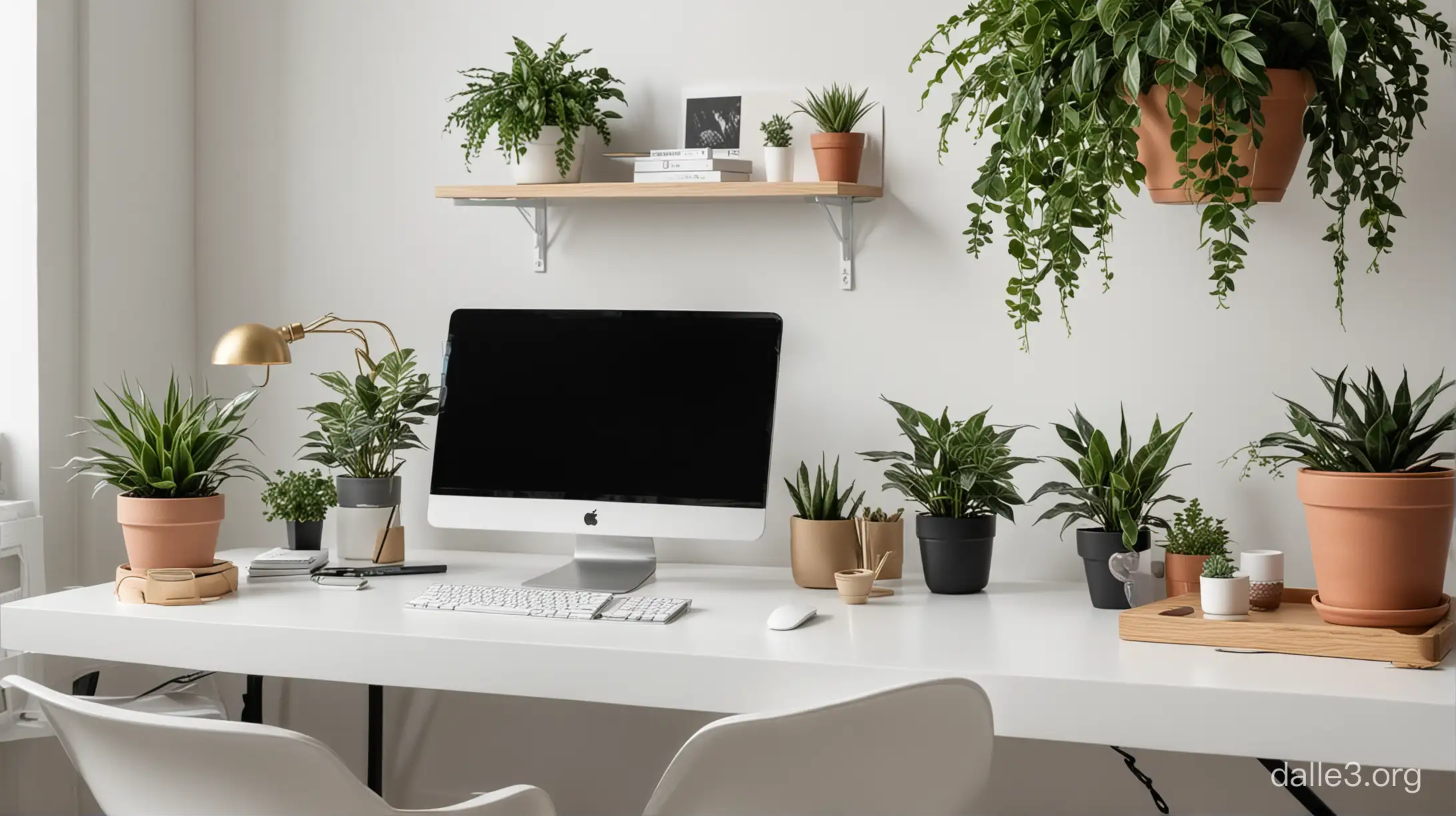 a modern style clean aesthetic working desk with plants on it and a computer 