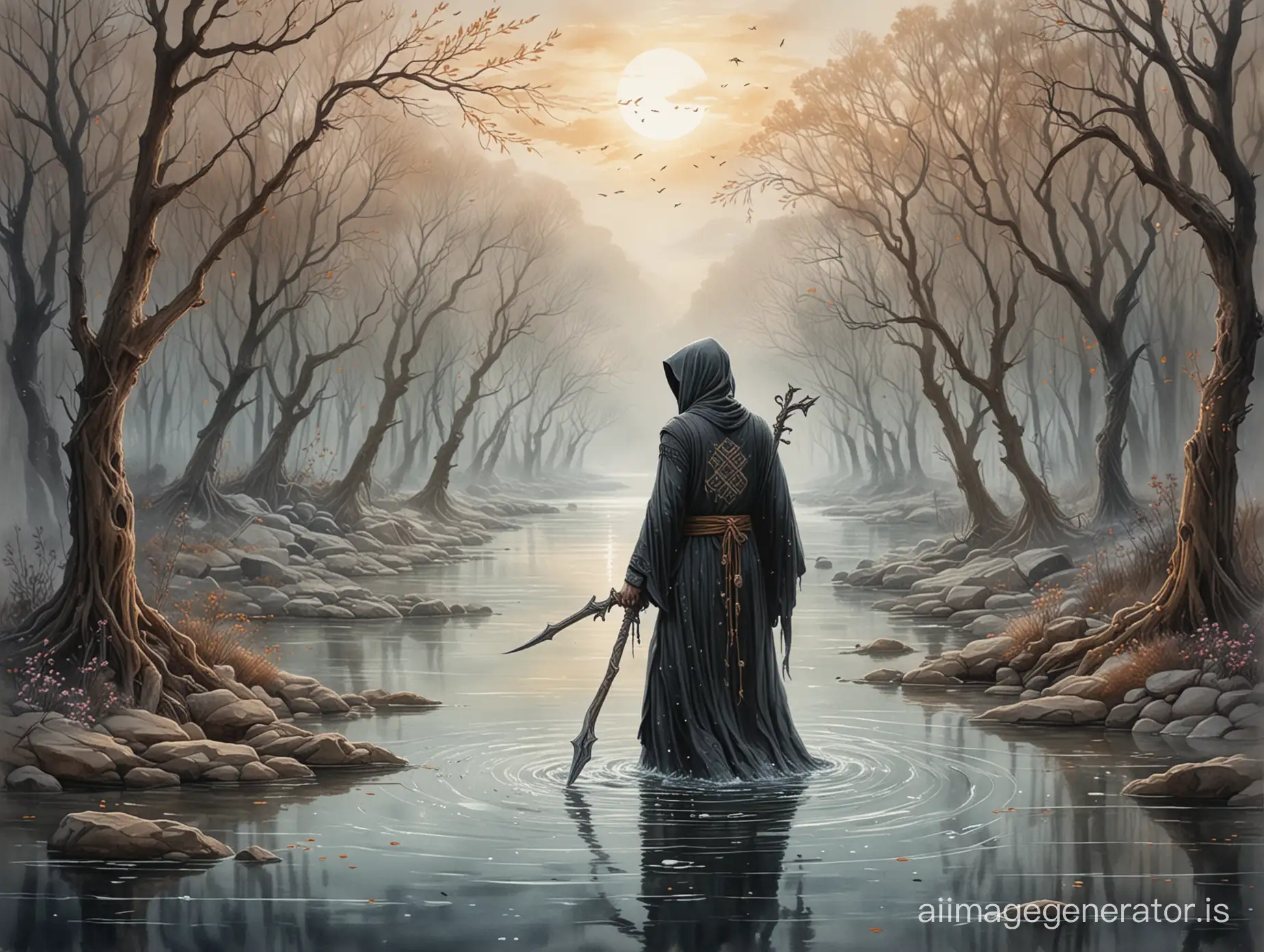 A soul reaper, with intricate tattoos of ancient runes covering their arms, floating above a mystical river of souls, guiding departed spirits towards the light with a compassionate yet solemn demeanor, a mix of mysticism and melancholy in their presence, Painting, using watercolors to create a dreamlike and ethereal atmosphere around the soul reaper,