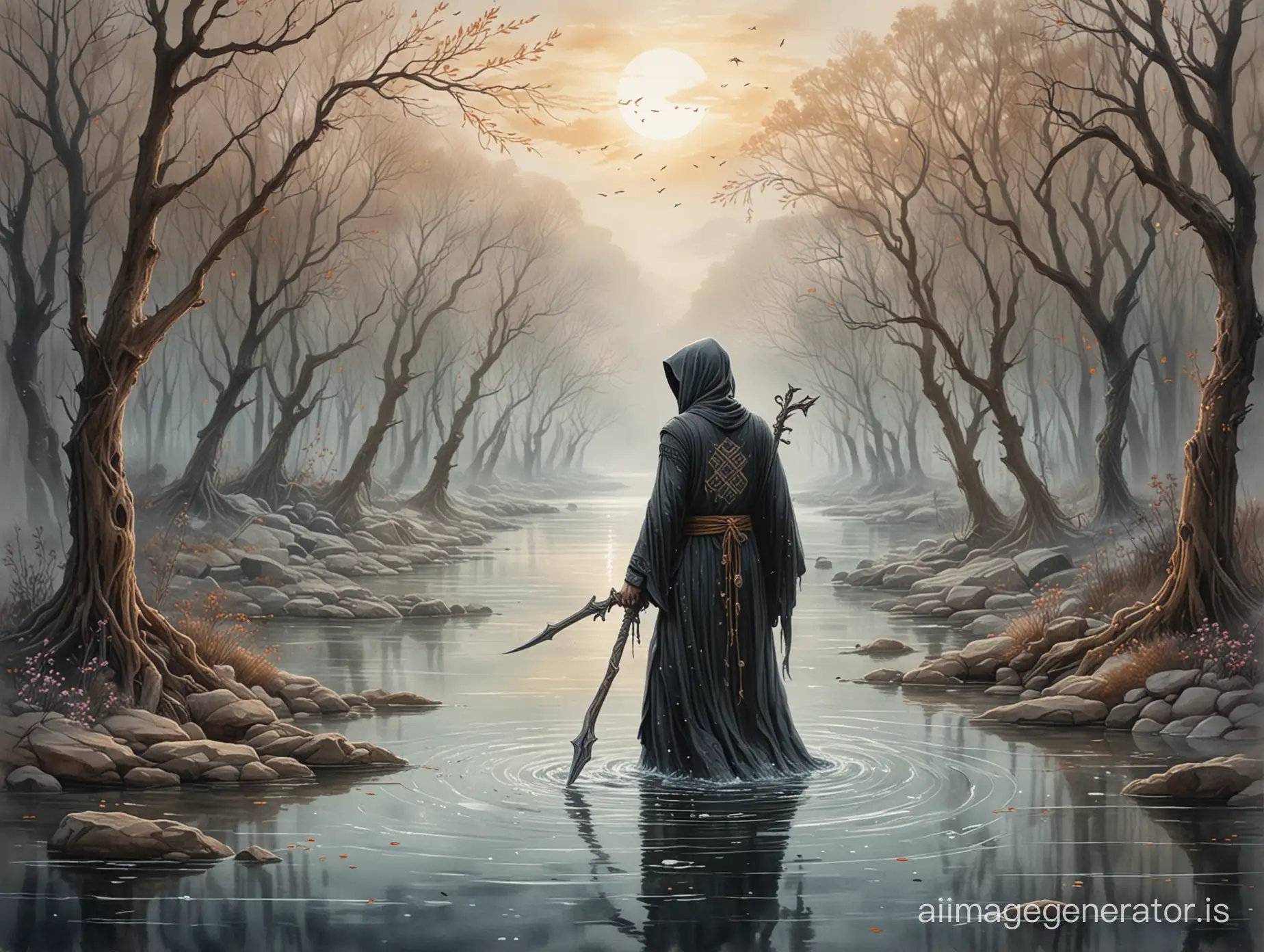 A soul reaper, with intricate tattoos of ancient runes covering their arms, floating above a mystical river of souls, guiding departed spirits towards the light with a compassionate yet solemn demeanor, a mix of mysticism and melancholy in their presence, Painting, using watercolors to create a dreamlike and ethereal atmosphere around the soul reaper, 