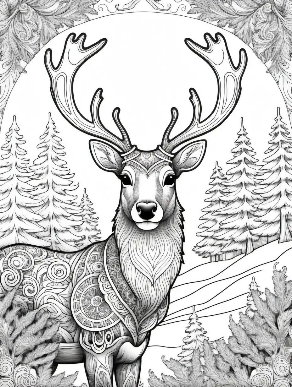 adult coloring book, black and white, reindeer,  high detail, no shading