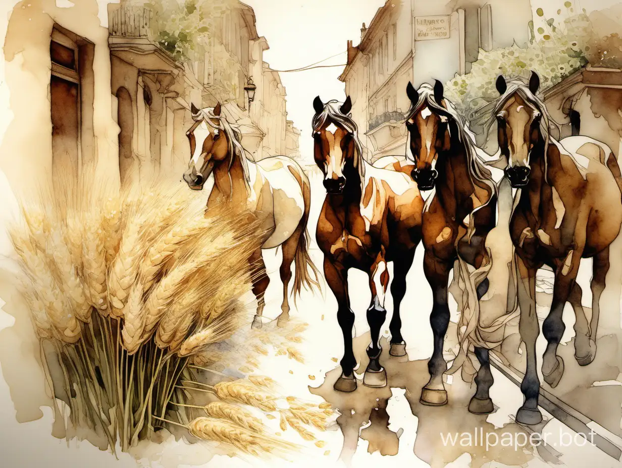 street with horses, wheat and flowers, watercolor dripping painting, alphonse mucha, Rhiperdetailed brush, textured paper, hipercolored, highcontrast,