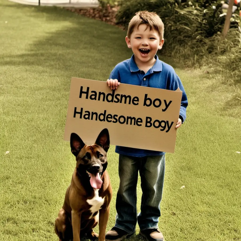 A happy boy is holding a sign that reads "handsome boy", with a dog standing beside him.