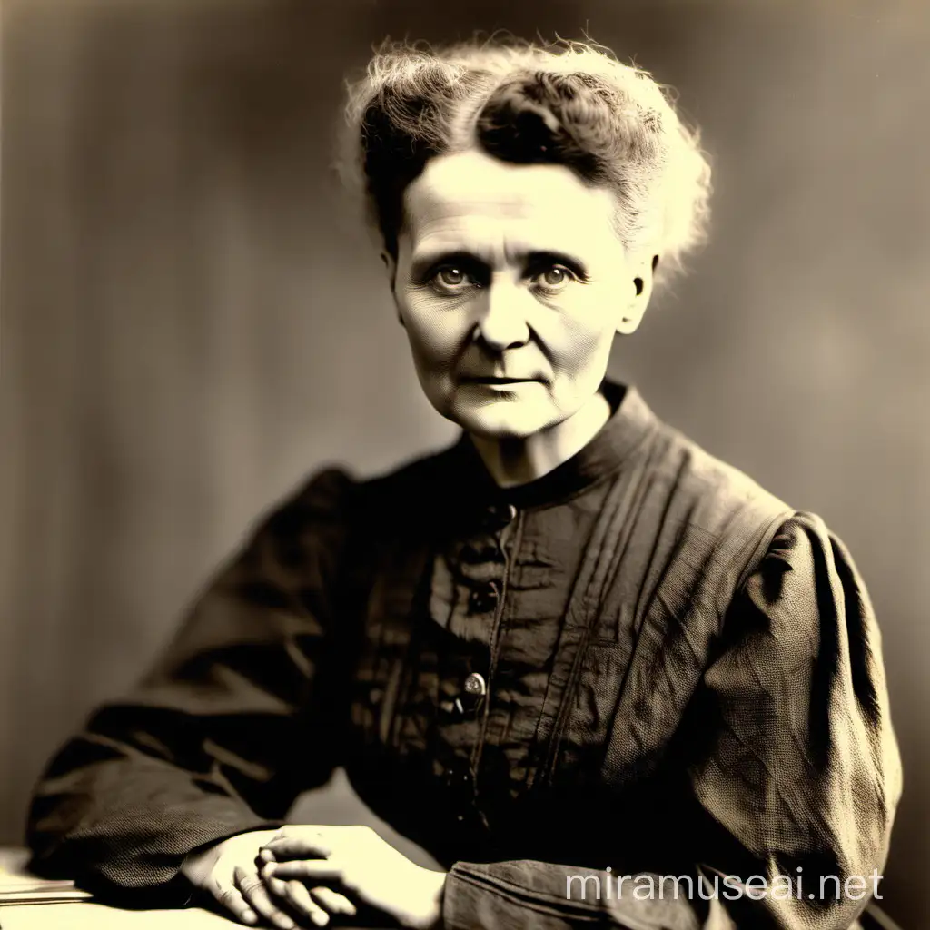 Marie Curie Portrait with Radiant Discoveries