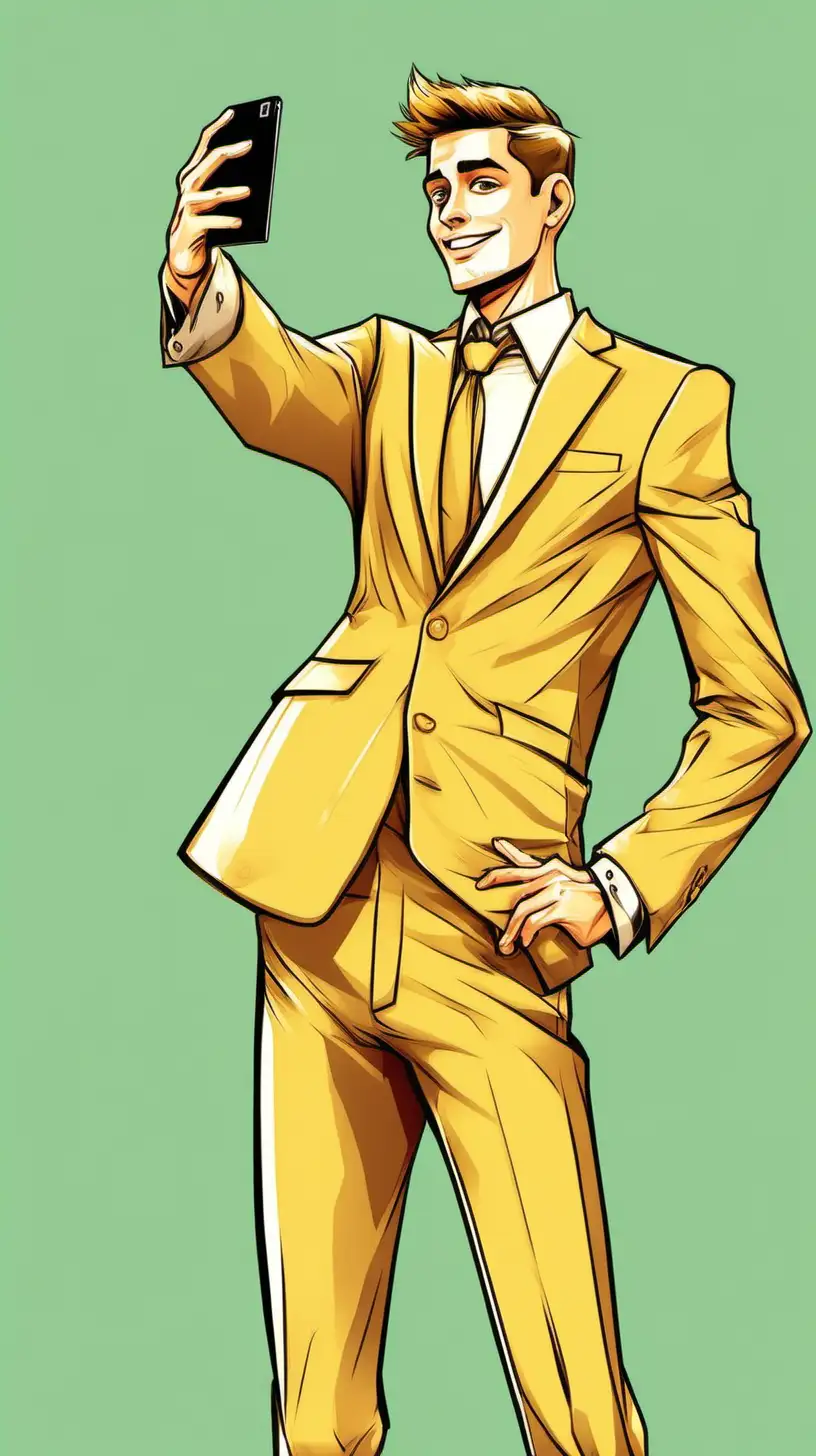 Cartoony Color:  Full Body.  A young handsome man wearing  golden suit takes a selfie.  
 His arm is outstreteched to include what's behind him. SImple background