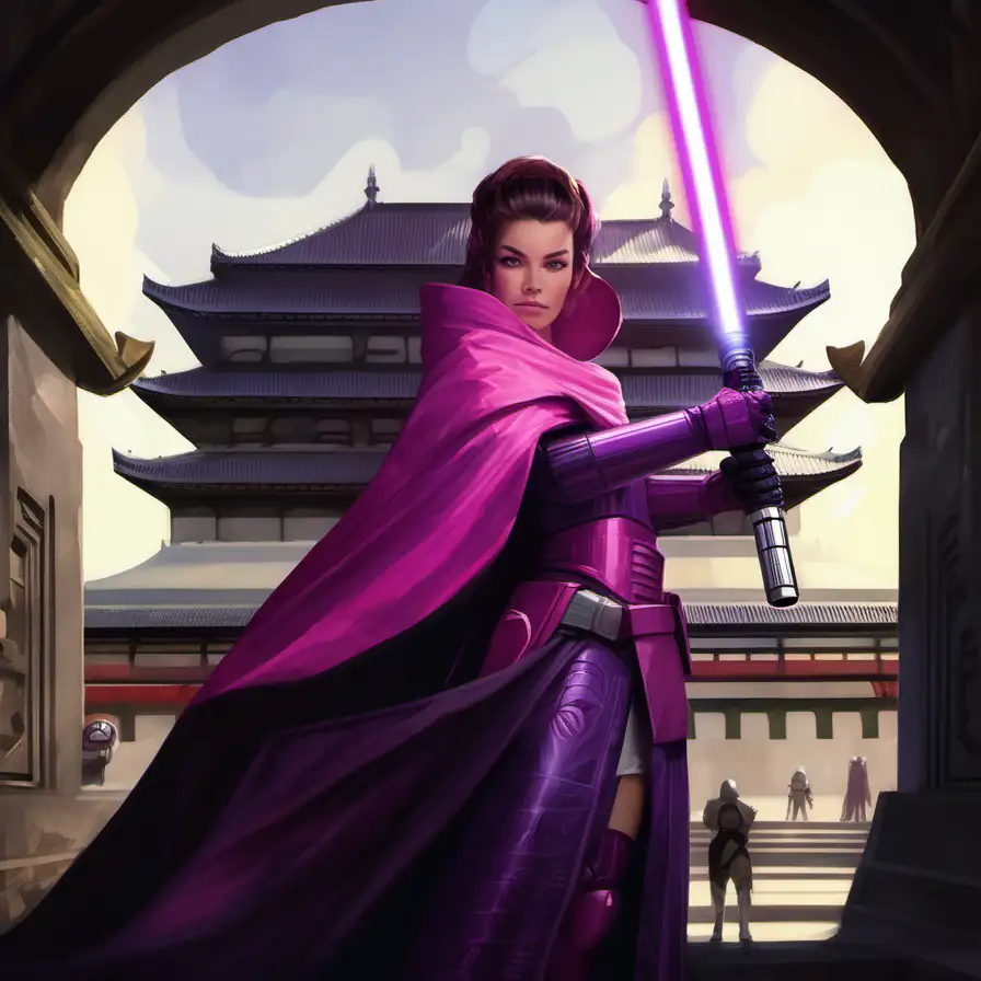 Imperial Palace Warrior Woman with Pink Skin and Purple Armor Wielding Lightsaber Star Wars Art