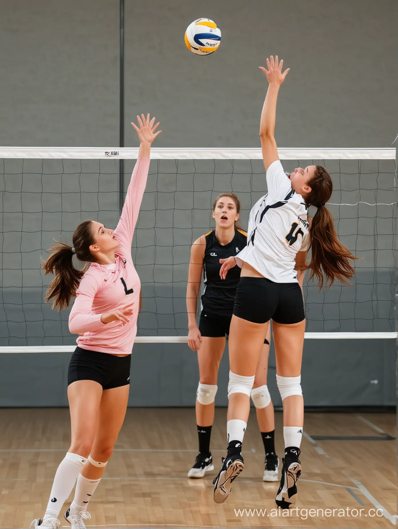 A volleyball man player spiking while being blocked by a girl blocker