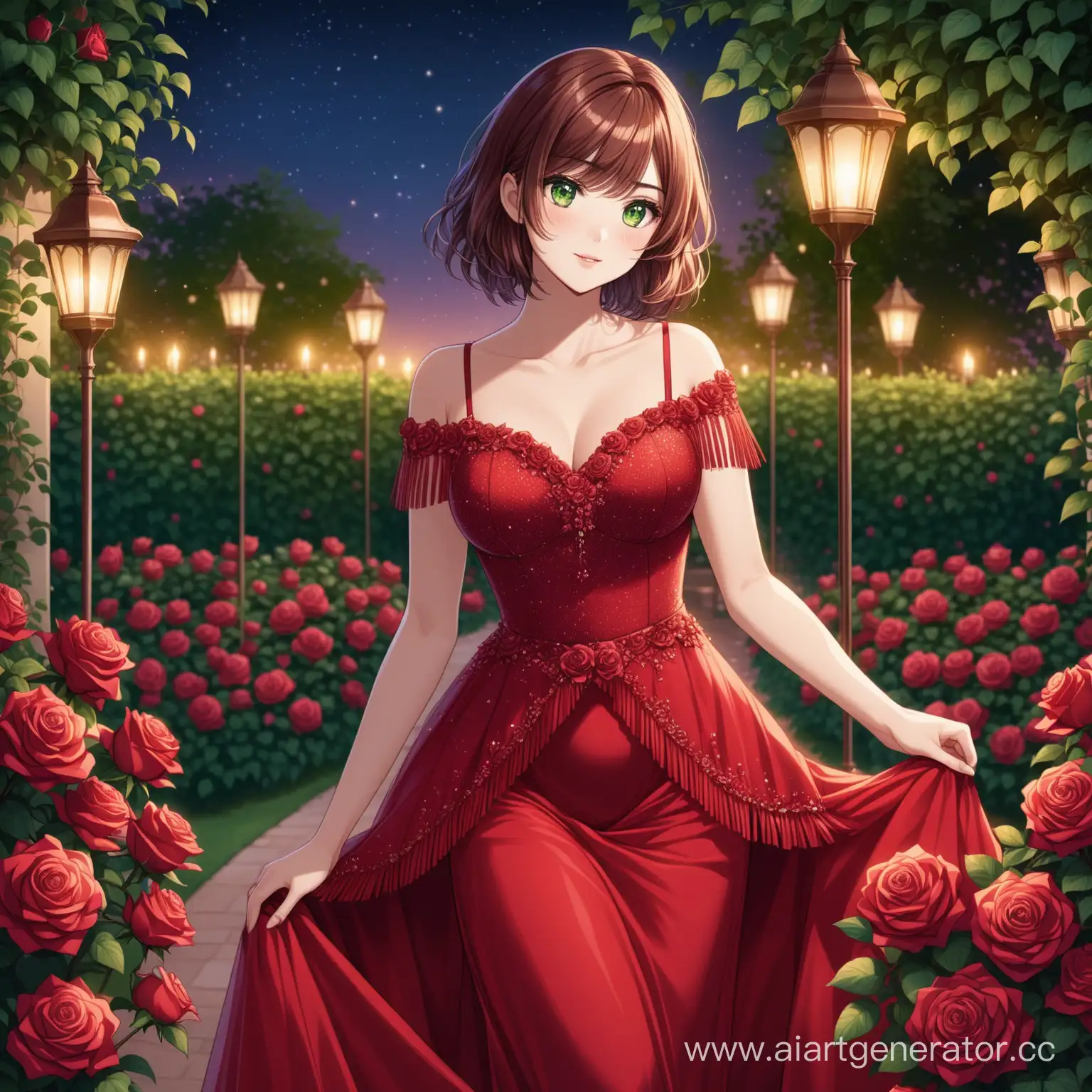 Aria-Roscente-Nighttime-Garden-Portrait-Elegant-Woman-Amidst-Red-Roses