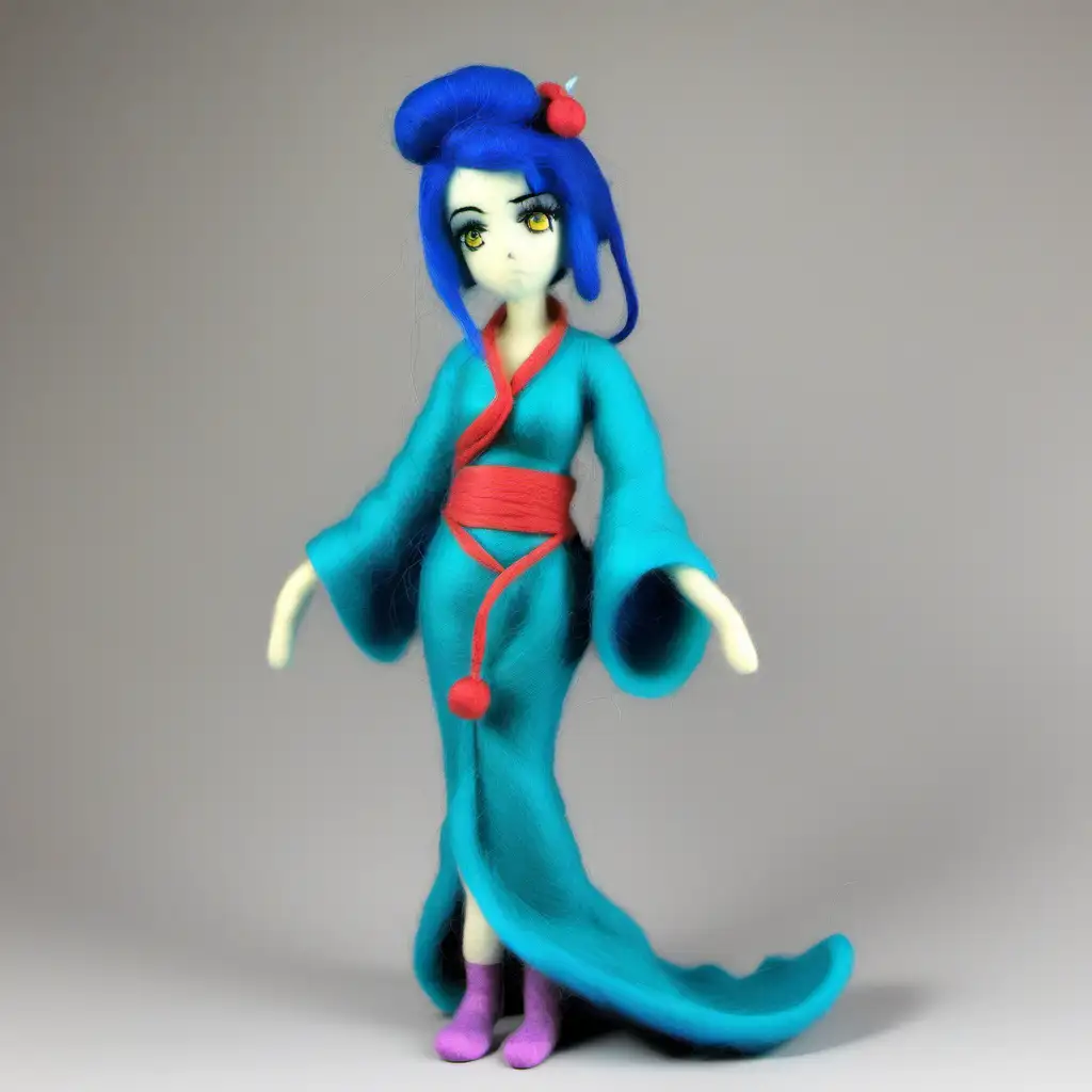 Needle felt, anime figure, female genie, blue hair, full body view