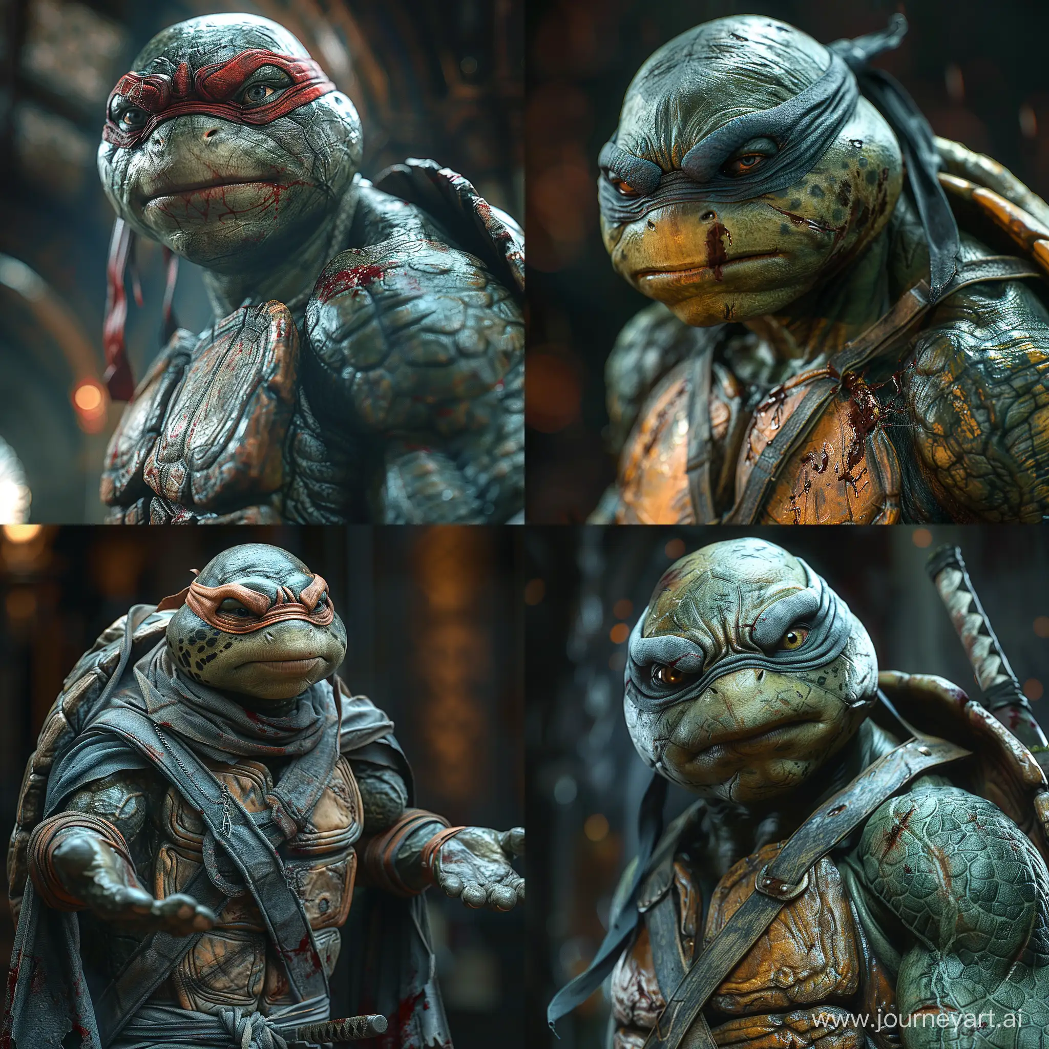 realistic Raphael Teenage Mutant Ninja Turtles, looking down, cinematic, dark, prime 1 studio, (awe-inspiring:1.1), majestic, pompous, (floating in mid-air:1.5), (leviating:1.5), extreme detailed, flowing cape, chiaroscuro, harsh shadows, bloody highly detailed --style raw --stylize 500 