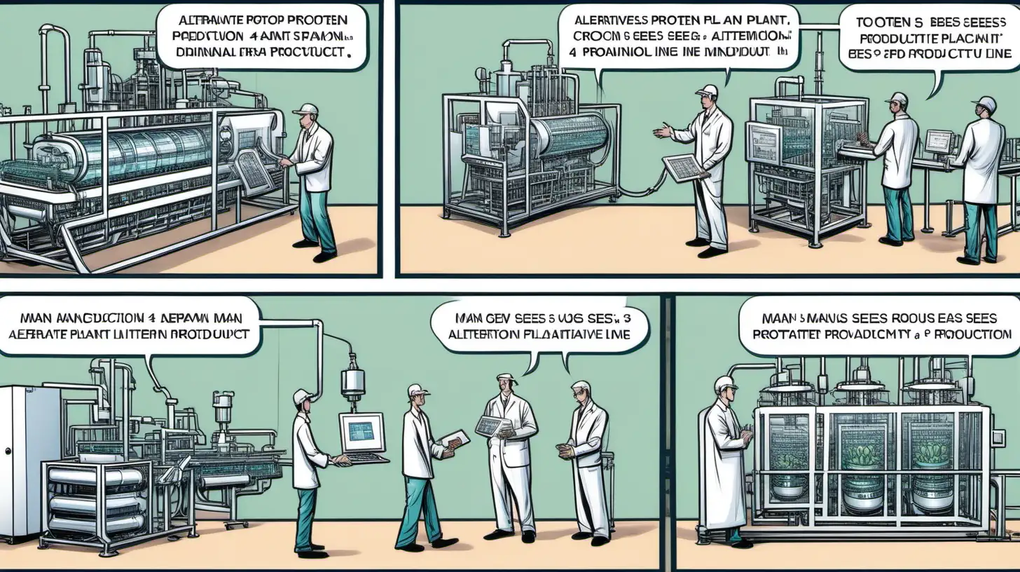 Create comic strip. 4 panels. (1) External view of alternative protein plant. (2) Man goes inside and sees machines/technology. (3) Man uses production line. (4) Final plant-based product.