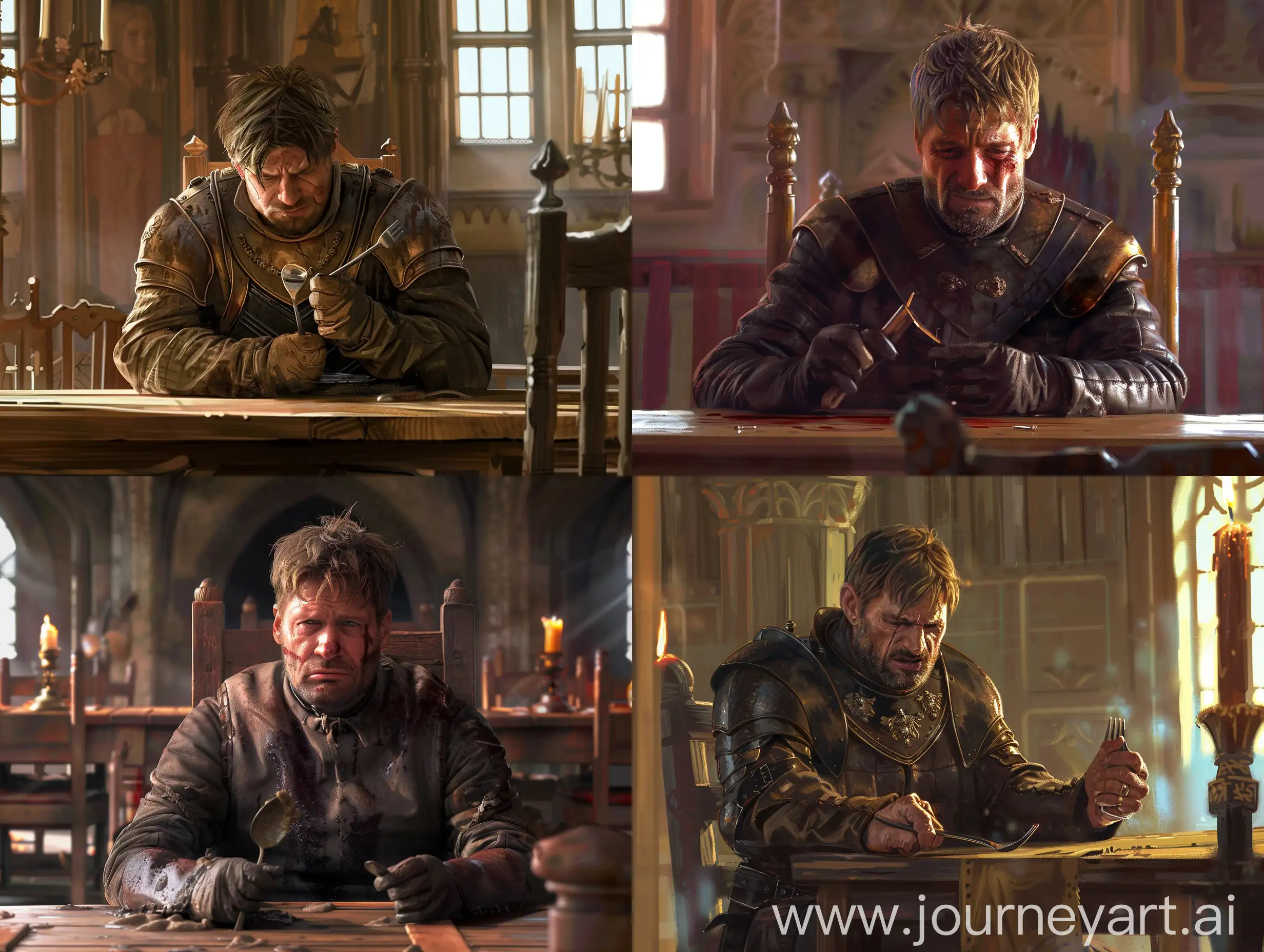 Jaime Lannister in Game of Thrones series, Jaime Lannister is clearly fatter and fatter, Jaime Lannister's face and body are very fat, Jaime Lannister sits at the dining table of Winterfell, Jaime Lannister is sitting on a wooden chair, Lannister is sad and hungry. Jaime has a spoon in his right hand, Jaime Lannister is holding a fork in his left hand, Jaime Lannister's expression is pure despair, the background is the dining hall of Winterfell Palace, the style of Witcher, the lighting is classic style, realistic, Claire, q2