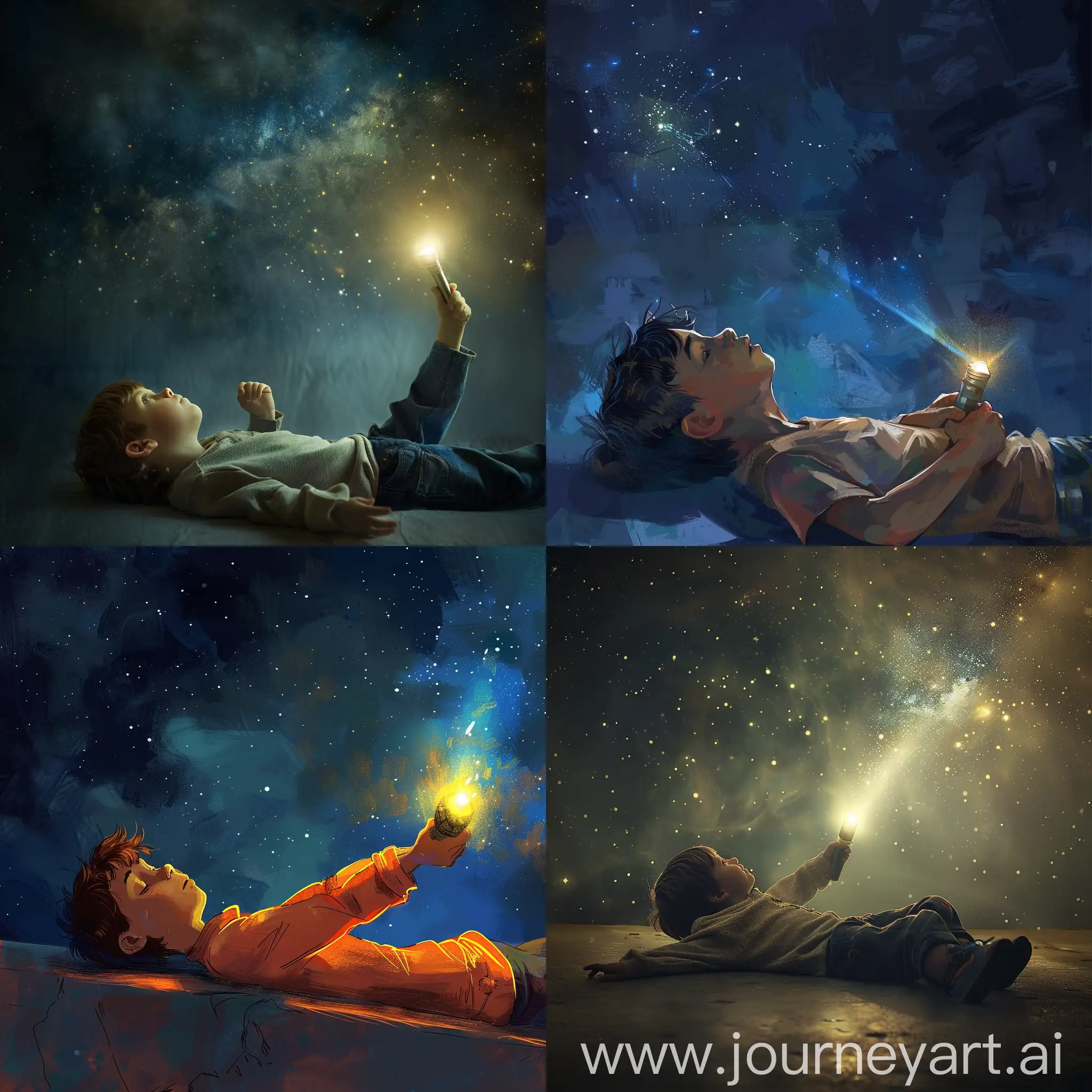 A boy who is lying on his side and his angle is towards the sky, holding a flashlight in one hand.