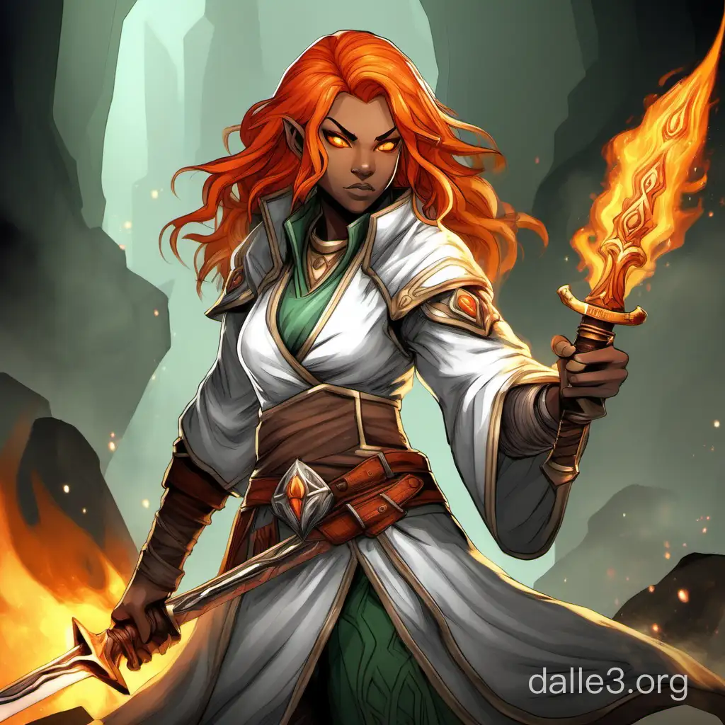 Intense Female Fire Genasi Mage Wielding Green Fire Sword | Dalle3 AI