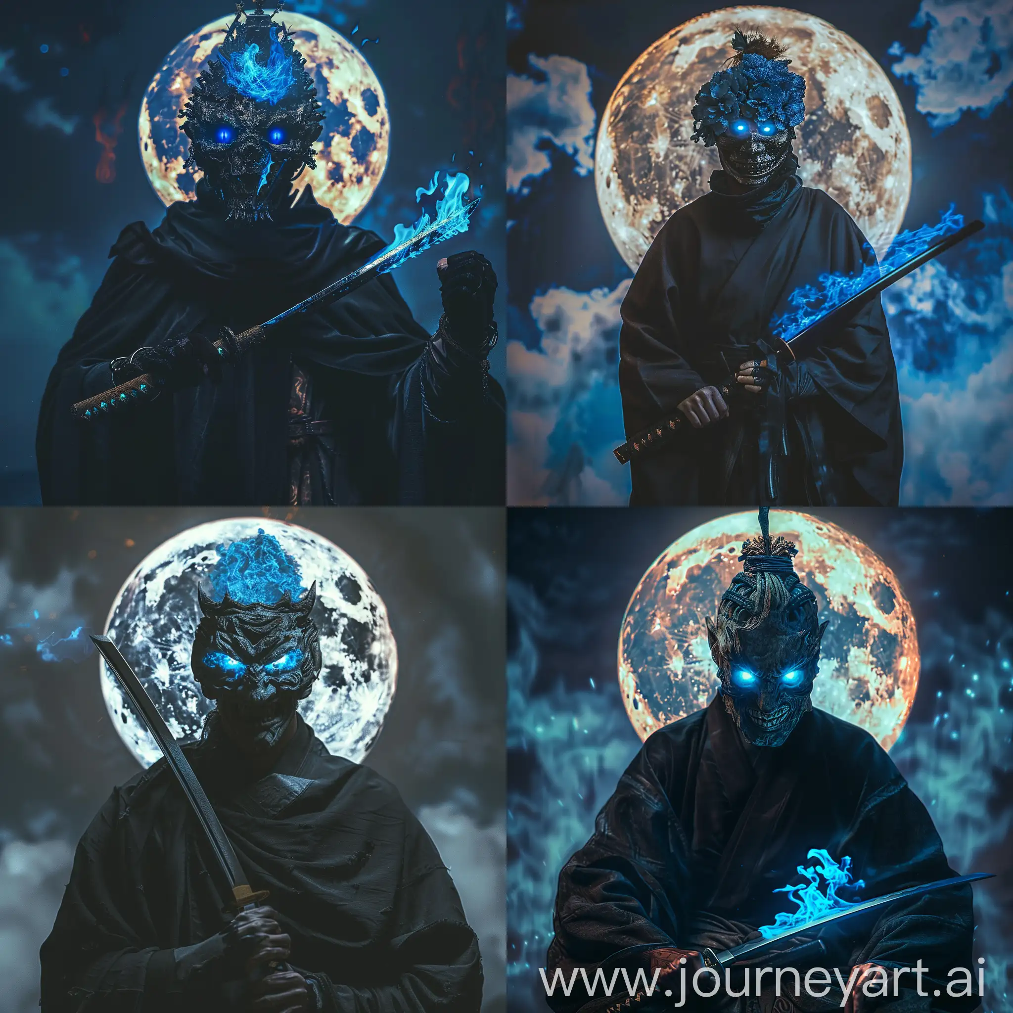 Апокалиптическая антиутопия, реалистичное фото, человек, мужчина в черной мантии, в руках у мужчины катана пылающая синим пламенем, на голове у мужчины страшная маска, с горящими синими глазами. На заднем фоне светящаяся луна.