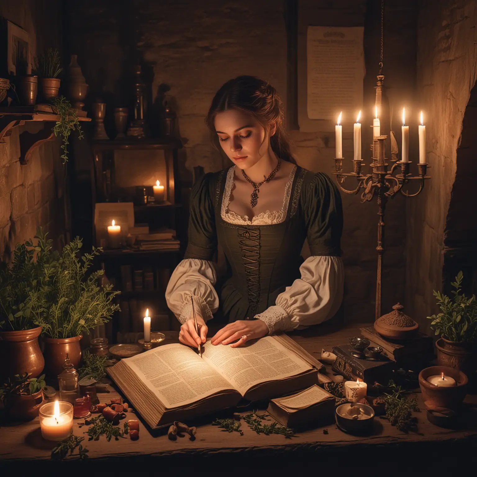 
A mysterious room with medieval architecture, candlelight, a beautiful twenty- year-old woman in Victorian attire, ritual ingredients - herbs, stones, and an ancient book, all set in the Victorian era.