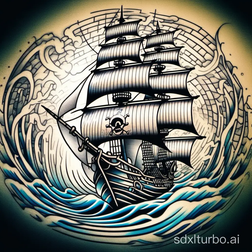tattoo of a pirate ship sailing through cyberspace