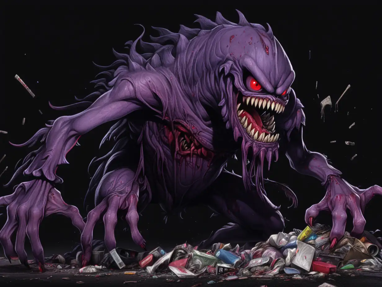 Simple black background, massive purple sludge monster, covered in trash and garbage, red eyes, sharp teeth, scary, eerie, full body, anime screencap