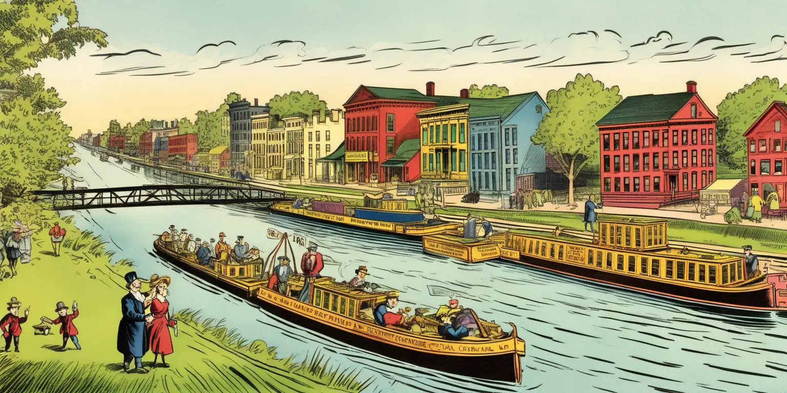 Vibrant Cartoon Scene Exploring the Erie Canal Adventure