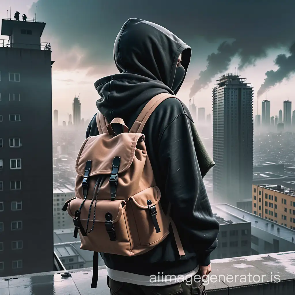 scavenger person with backpack and binoculars, wearing hoodie, face hidden, apocalyptic, on top of building, dark clothing