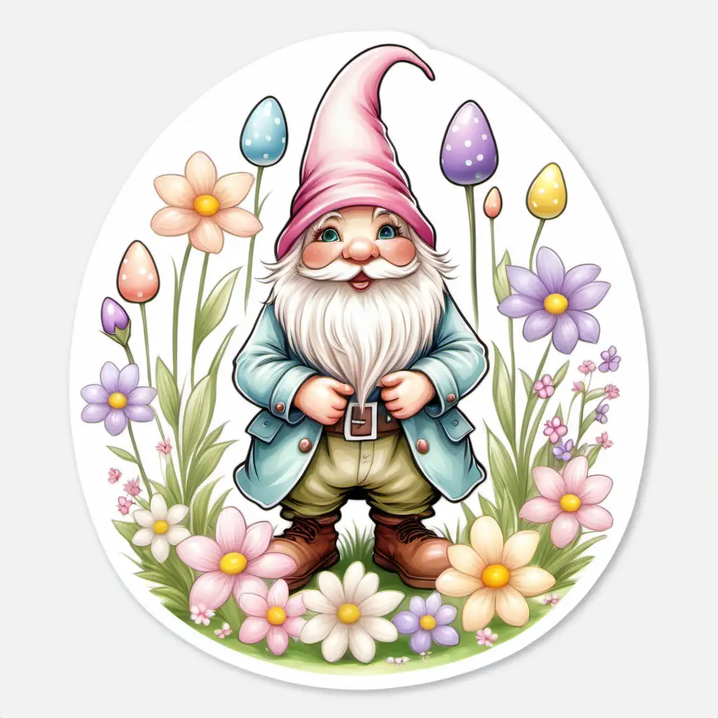 fairytale,whimsical,cartoon,easter GNOME,pastel, spring flowers, white background, sticker,
