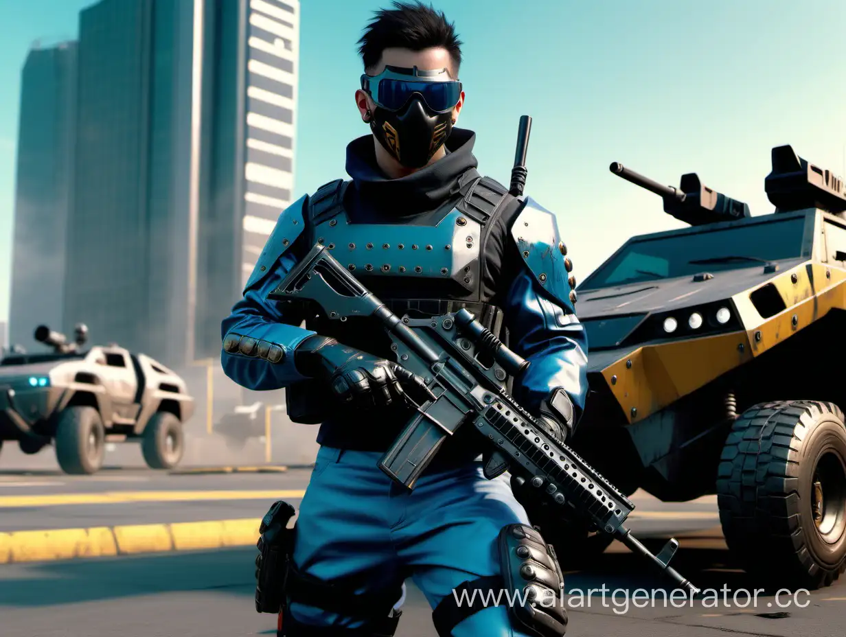 Cyberpunk-Soldier-with-HighTech-Rifle-and-Armored-Vehicle