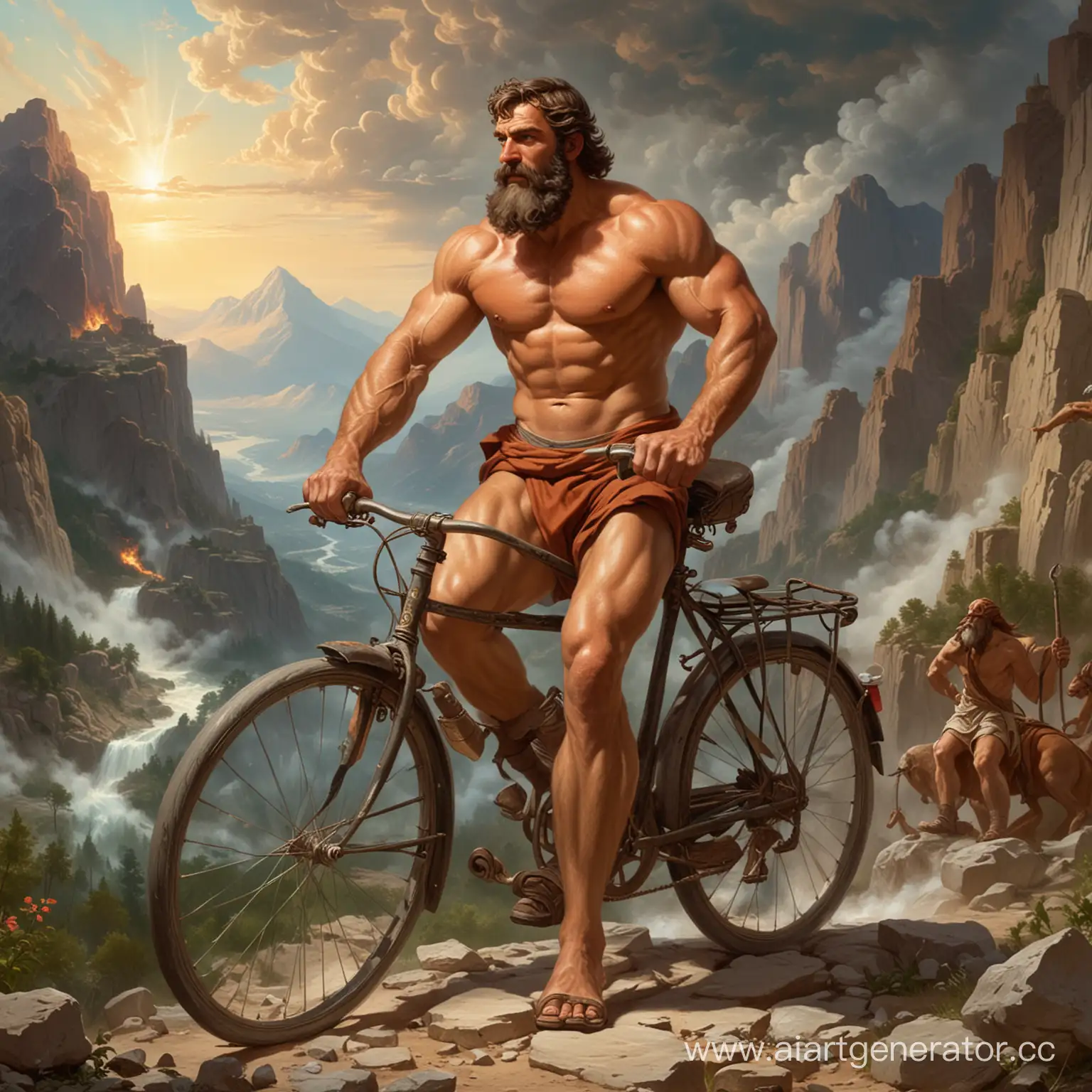 кузнец Гефест съезжает вниз по горе олимп на велосипеде  