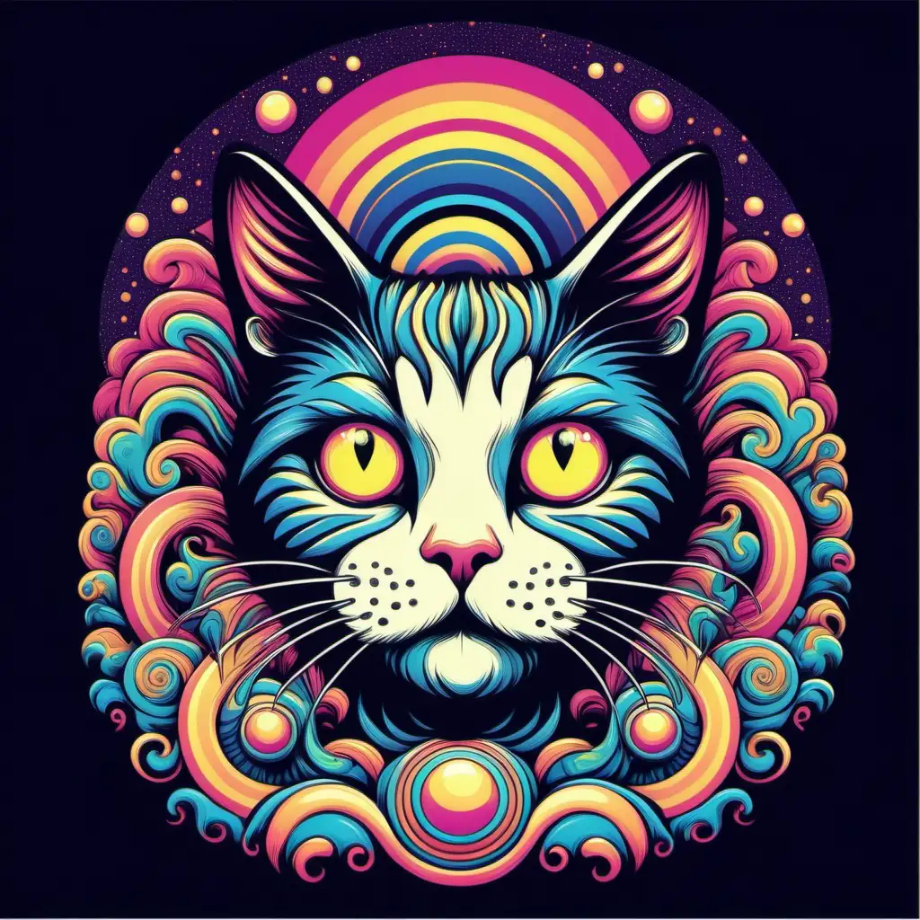 Psychedelic RetroStyle Cat TShirt Design Vector on White Background