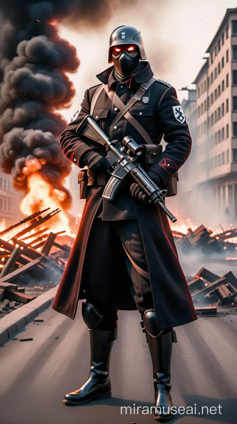 Elite Nazi police guard armies,with black red heavy armor outfit,with black mask,riflegun in hand,landscape in burning downtown,science fiction,realism style