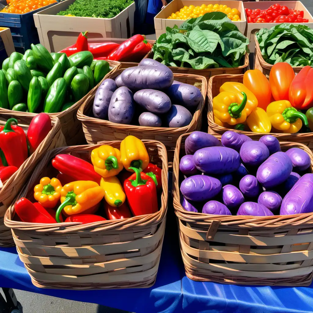 ernie barnes style cartoon baskets of blue potatoes, rainbow chard and bell peppers all colors at the farmer's market