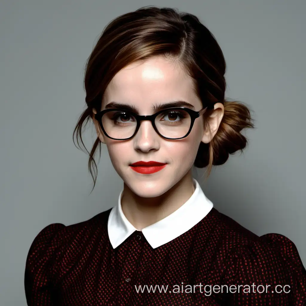 Emma Watson wearing red lipstick,  glasses, and a Prarie dress