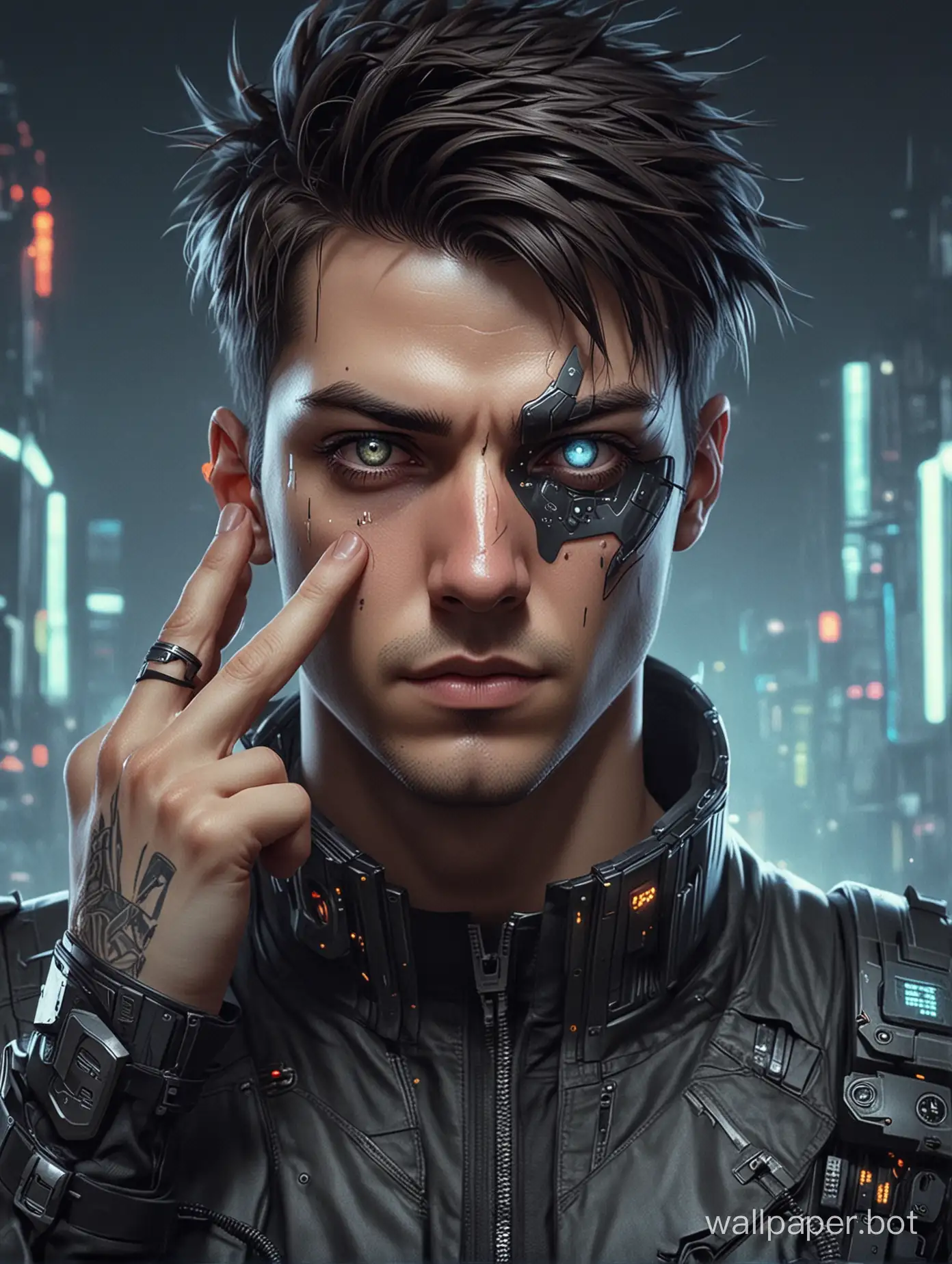 A guy hold his left eye and the right eye the has spark with the background is line in the cyberpunk or cybord 