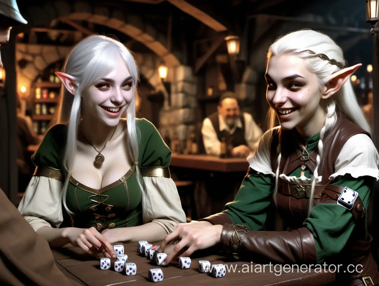 Very thin pale white-haired elf thief girl with a grin plays dice with a drunk merchant in a tavern.