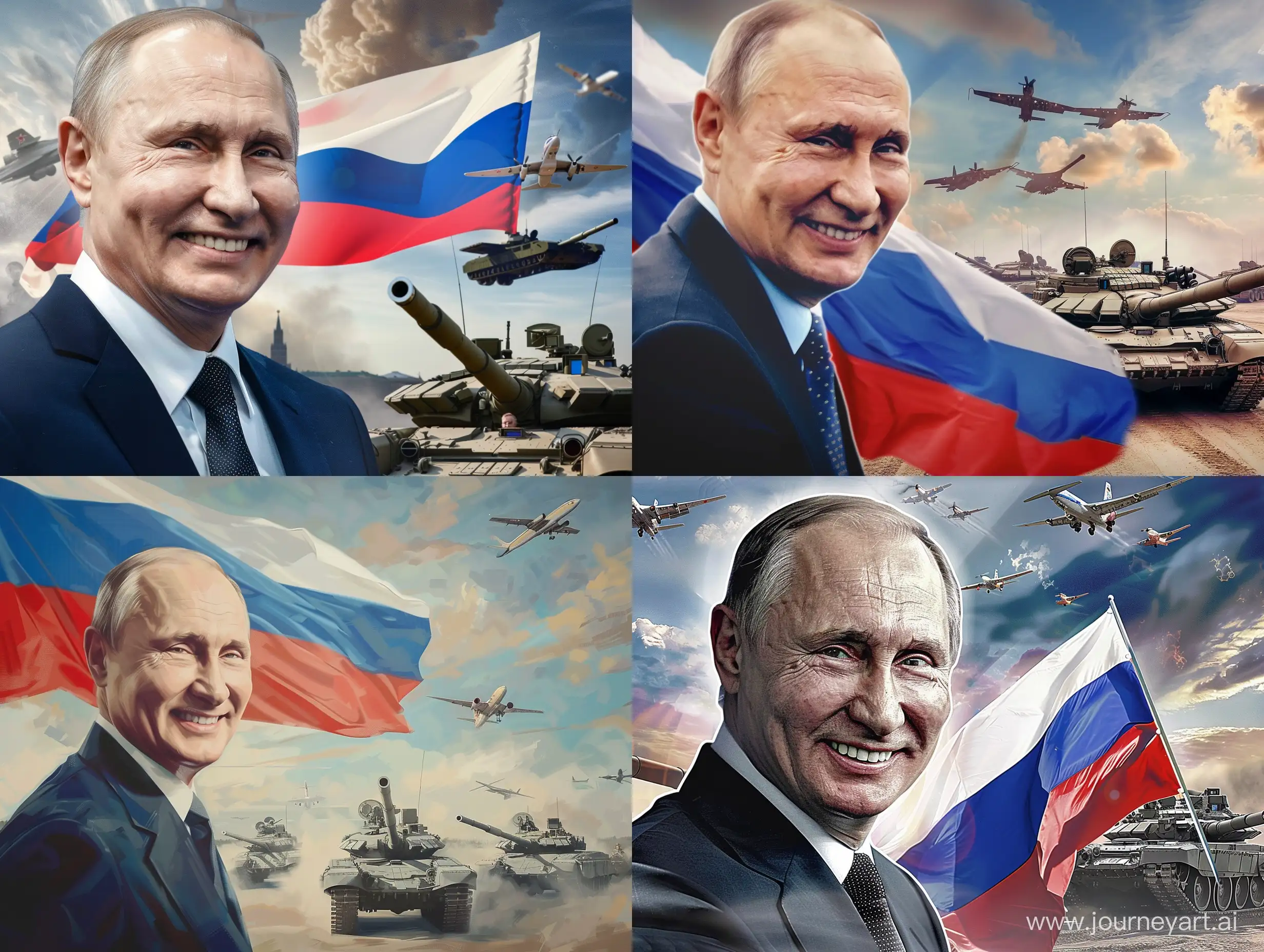 Постер, Владимир Путин улыбается, Российский флаг, на фоне едут танки, РСЗО, в небе летают самолеты