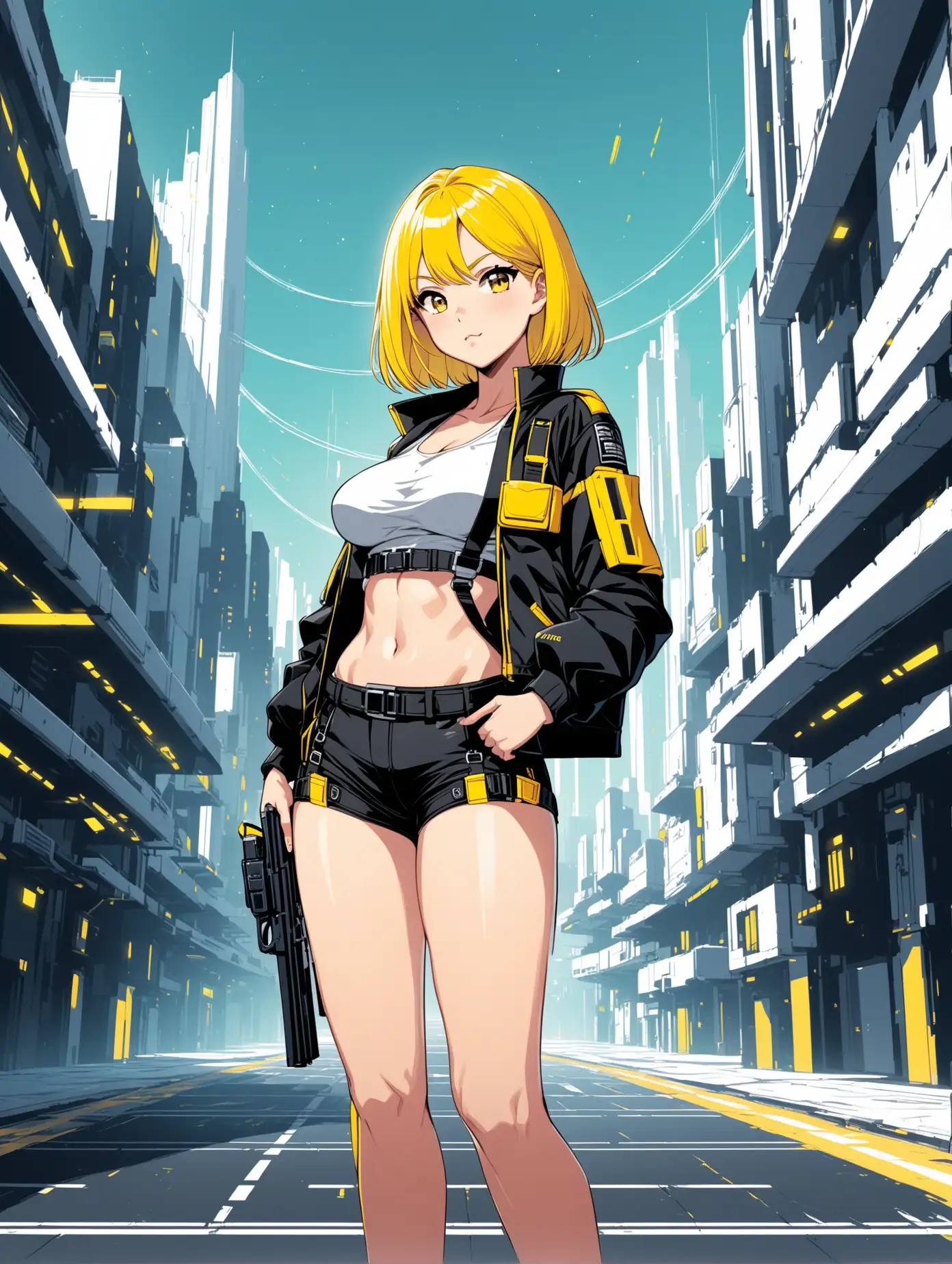 sexy fit 24 year old hero girl, short chin length yellow hair, posing in a futuristic town, wearing black members only jacket, suspenders, black shorts, guns in holsters on each thigh, yellow black white 3 color minimal design