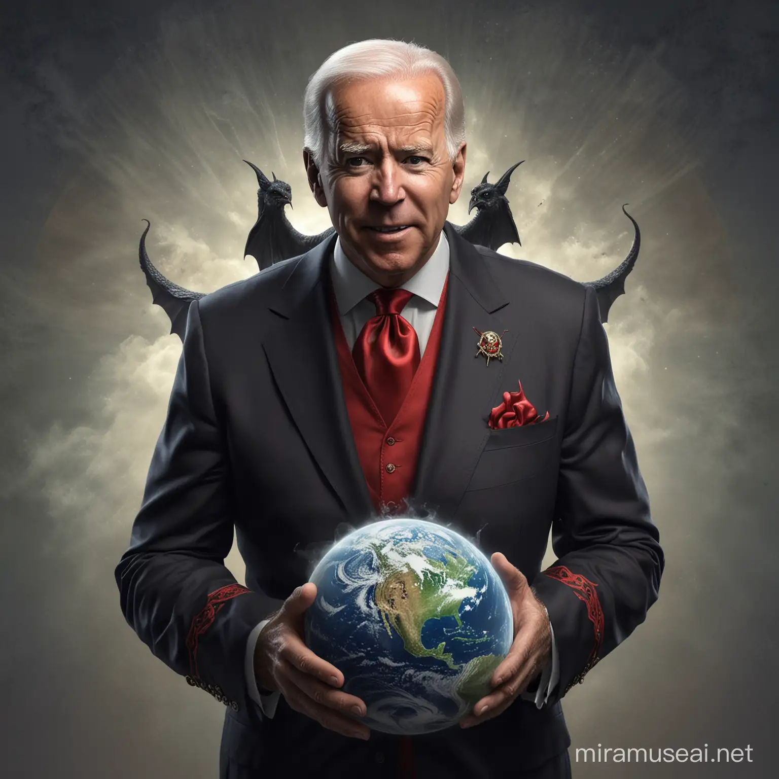 generate a realistic, very detailed image that shows joe biden as a devil wearing a magician uniform holding an earth