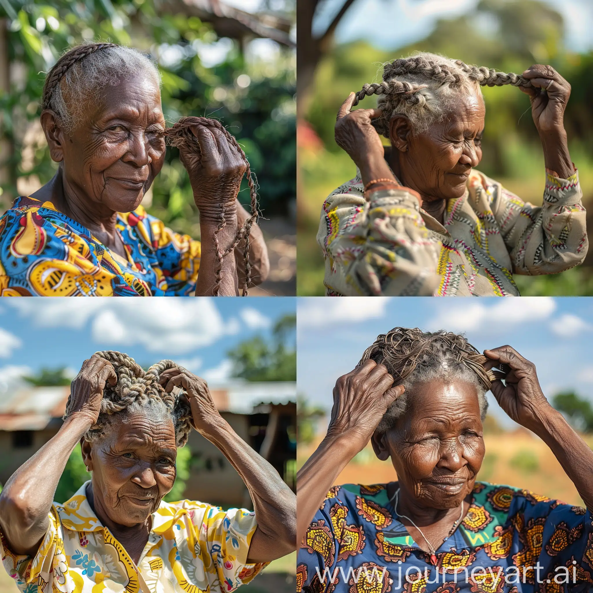Elderly-African-Woman-Braiding-Hair-Outdoors-in-Sunlight