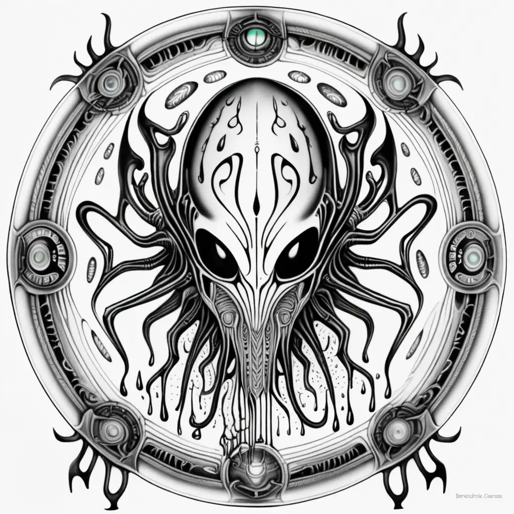 black & white, coloring page, white background, high details, symmetrical mandala, clear lines, glowing arcane runes,full body alien dripping slime, in style of H.R Giger