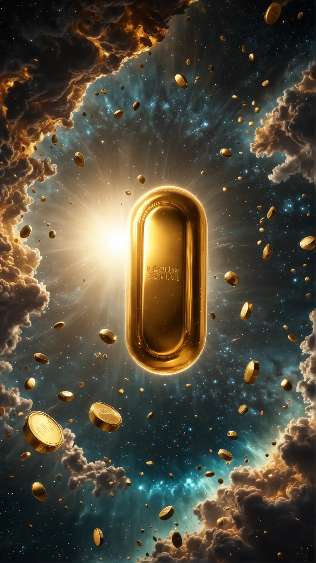 gold supplement pill floating in the center of the universe with epic background, 4k, HDR, hyper-realistic