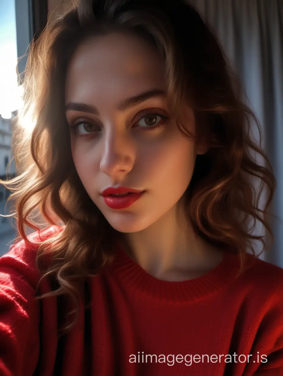 sexy selfie of Michela an Italian prosperous girl, just came back home from college with brown wavy hair, dressed in a large red sweater, in a sunny morning, realism, real human skin, 26 y.o, hyper-detailed, photorealistic, 64k, beautiful and delicate lips, showing body, backlighting