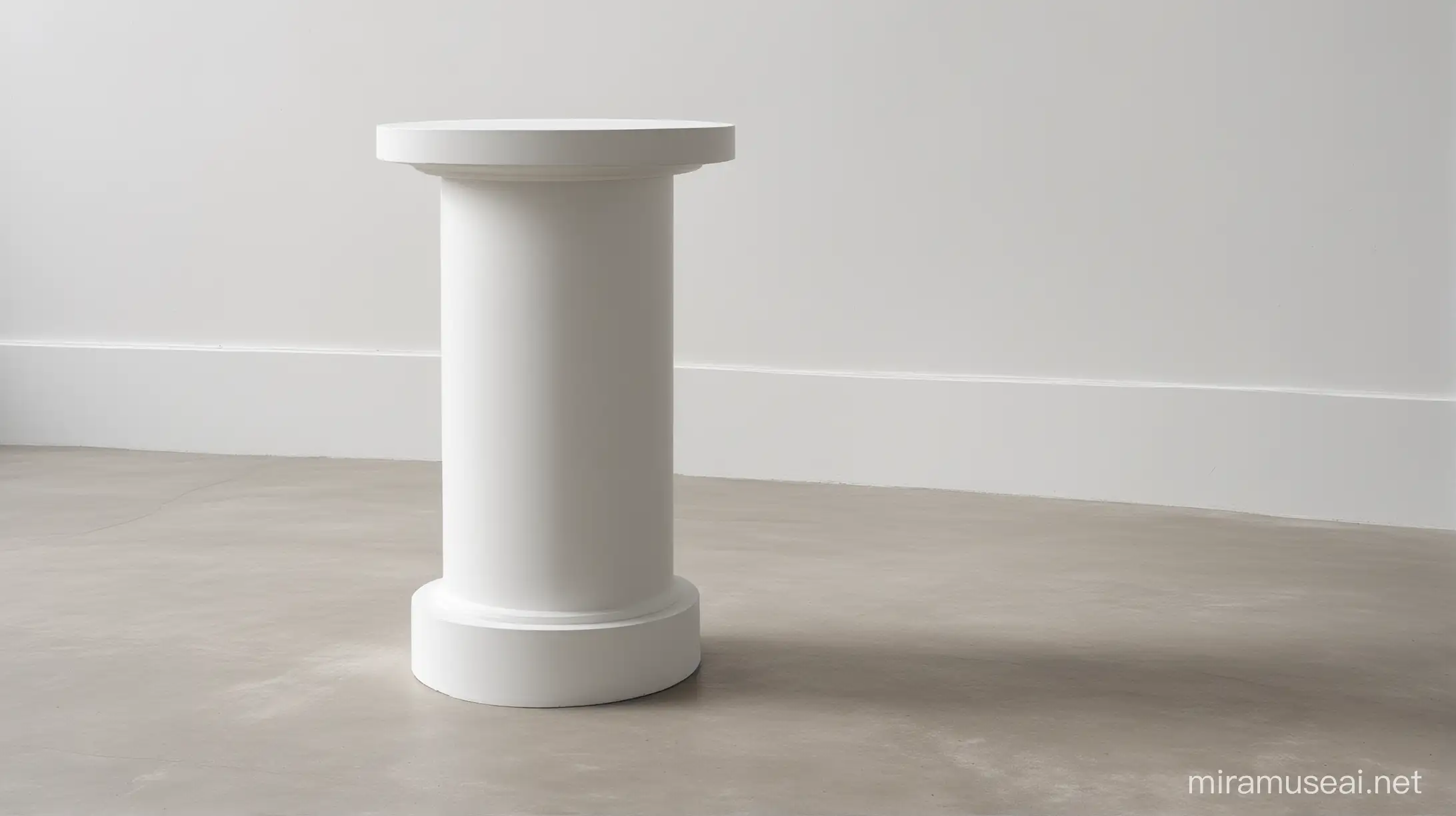 close up of white pedestal set in a white gallery with concrete floors