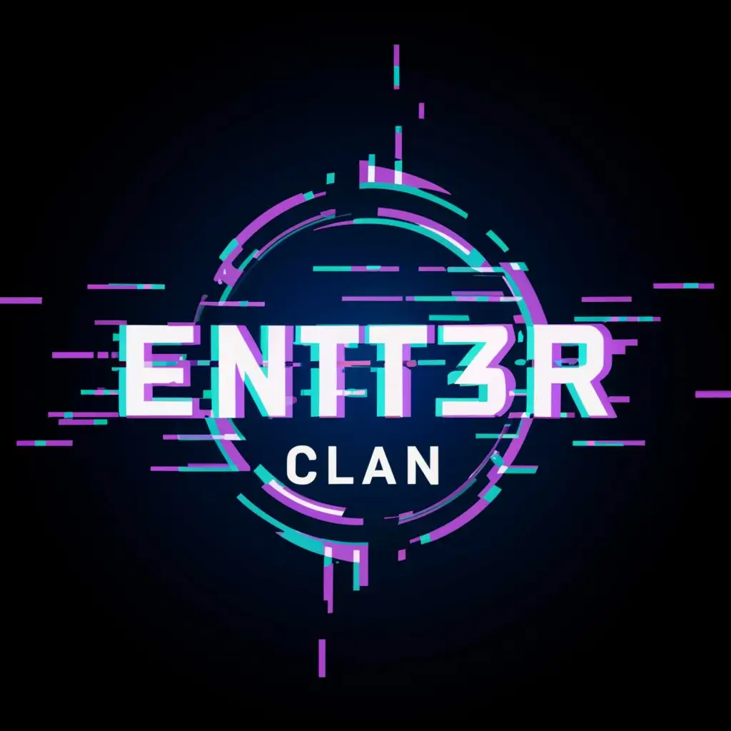 a logo design,with the text "ENT3R Clan", main symbol:ENT3R Clan text in the middle/ and make it glitchy style and the glitchy style colored green purple and dark blue with effects in background and abit 3d not too much,Moderate,be used in Internet industry,clear background