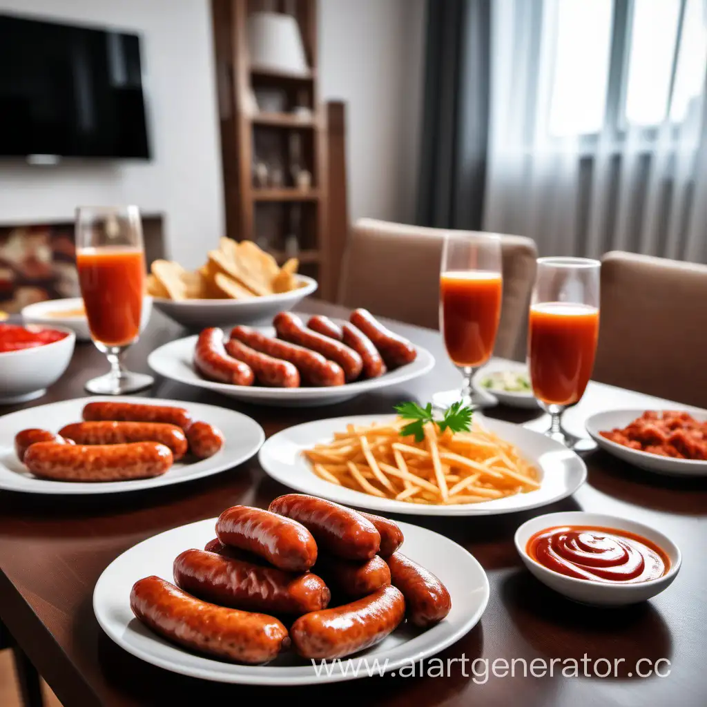 Delicious-Fried-Turkey-Sausages-with-Savory-Sauce-on-Table