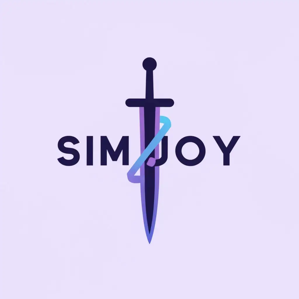 a logo design,with the text "SIM JOY", main symbol:a purple logo using SJ lettre only, S and J are half part and combined with a sword in the middle, logo is futuristic style and simple,Minimalistic,clear background