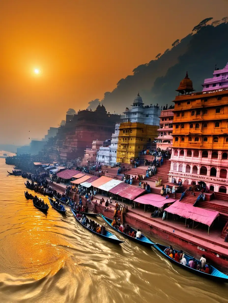 Ghats at Sunset: Show breathtaking visuals of the Ghats along the Ganges during the golden hour, capturing the serene ambiance